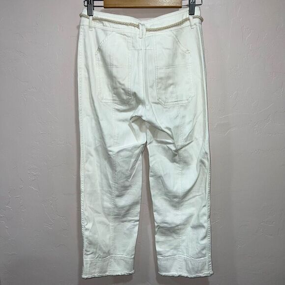 ANTHROPOLOGIE White Canvas Denim High Rise Belted Straight Crop Jeans 25 - Picture 6 of 7